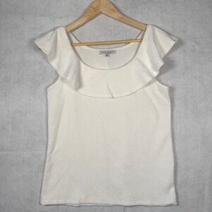 Green Envelope Women Textured Ruffle Cap Sleeve Scoop Neck Top White Sz M